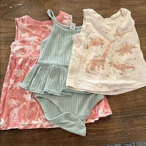Old Navy Pink Tropical Dress with Mint Ribbed Romper and Cream Dinosaur Tank